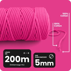 Netuno 1 x Macrame Yarn, White, 5 mm, 200 m Cotton Cord with Cotton Core, Textile Yarn, Cord, Natural Cotton Yarn for Macrame, Cotton Yarn, Decorative Cord, Coloured Cotton Cord, Macrame