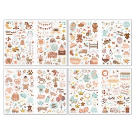 ZORVUJI Sticker Baby Album, 212 Pieces Baby Stickers for Photo Album, 8 DIN A4 Sheets Scrapbooking Sticker Set, Baby Shower Gift with Animals and Cute Motifs (Brown)