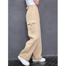 RoseSeek Girl's Elastic Waist Straight Leg Cargo Pants Casual Baggy Long Trousers Sweatpants with Pocket Khaki 10Y