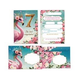 JuNa-Experten 12 Einladungskarten incl. 12 Umschläge zum 7. Kindergeburtstag Mädchen Flamingo coole bunte Einladungen siebte Geburtstag Mädchengeburtstag