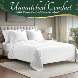 DECOLURE 100% Organic Viscose Derived from Bamboo Sheets Cal King Size 6pcs - Ultra Soft & Luxuriously Cooling, 17" Deep Pocket, Double Stitching, Perfect for Hot Sleepers - King Bed Sheets (White)