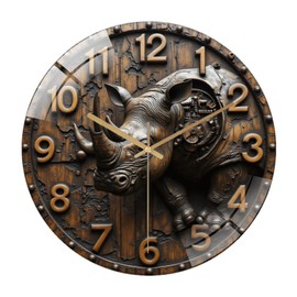 Lancholy 12-Inch Silent Tempered Glass Wall Clock, Rhino Wall Clock ” Silent Non-Ticking Clock, Battery Operated (AA Batteries Not Included), Artistic Home Decor