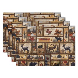 Rustic Bear Deer Place Mats - Vintage Cabin Moose Placemats Set of 4 Forest Animal Wildlife Table Mats Lodge Pine Cone Tablemats 12x18 for Dining Kitchen Farmhouse