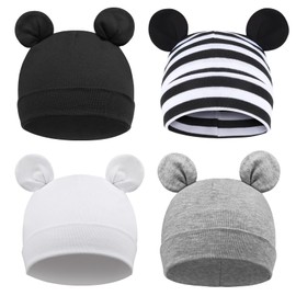 DRESHOW 4 Pieces Unisex Hat Boy Hat Spring Hat Toddler Reversible Jersey Slouch Beanie Clothing Unisex Infant Hat Nursery Hat, 4 Pack Bear Ears: Set-29, 6-24 months
