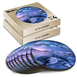 8 x Round Coasters - Lofoten Islands Milky Way Night Sky Cork Backed MDF Glossy Tea Coffee Accessory #51361