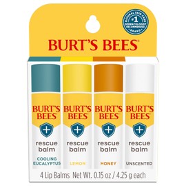 Burt's Bees Bálsamo labial de rescate de origen 100% natural, eucalipto refrescante, limón, miel, sin perfume, 4 tubos, el paquete puede variar