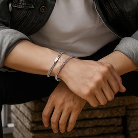 PiercingJak Cross Bracelet Men's Silver Set, 2-Piece Chain Bracelet for Men Curb Chain Cuban Figaro Bracelets Stainless Steel Bracelet Charms Jewellery Birthday Gift for Dad Son Brother, Stainless