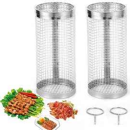 Elegauit Rolling Grill Baskets, 2 Pcs Stainless Steel Wire Mesh Cylinder Grilling Cage, Portable Outdoor Camping Cooking BBQ Accessories Grill for Meat, Fish, Vegetables, French Fries (20X9X9cm)
