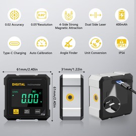 Magnetic Digital Angle Finder Laser, Digital Inclinometer with Laser 4-Side Strong Magnetic Angle Gauge IP54 Waterproof Level, Woodworking Measuring Tool Level Box for Hanging (Black)