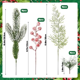 64 PCS Christmas Artificial Pine Branches Christmas Snowy Faux Pine Greenery Stems Red Holly Berries Pine Needles Picks for Christmas Tree Wreath Garland DIY Crafts Holiday Home Decoration