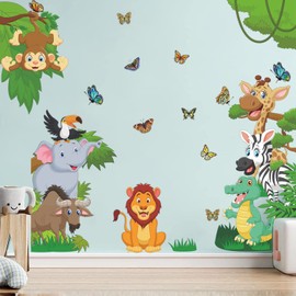 Supzone Jungle Animals Wall Stickers Forest Animals Wall Decal Elephant Monkey Giraffe Lion Wall Decor DIY Vinyl Mural Art for Kids Baby Nursery Bedroom Living Room Playroom