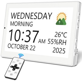 10.1" Digital Clock with Date and Day for Elderly, Remote Control Digital Calendar with 12 Themes & 9 Colors, AutoDST, 23 Preset Schedules & Customizable, Auto Dimming, Indoor Temperature, Humidity