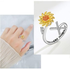 VYYU Fidget Ring with Beautiful Sunflower & Initial Letter ABC to XYZ - You are My Sunshine Anxiety Relief Stress Open Rings | Reliever Spinner Stress Relief Sunflower Gifts for Women Wife Daughter, X