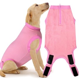 Wabdhally Dog Surgery Recovery Suit,Surgical Suit for Large Female Spay,Soft Combed Cotton,Watermelon Pink Striped Zipper Onesie XXL