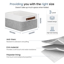 Patvingot Linen Canvas Storage Baskets - Foldable Fabric Boxes with Leather Handles for Cupboards, Storage Boxes for Shelves, for Organizing Clothes, Toys, Office(White/Grey, Medium-3 Pack)