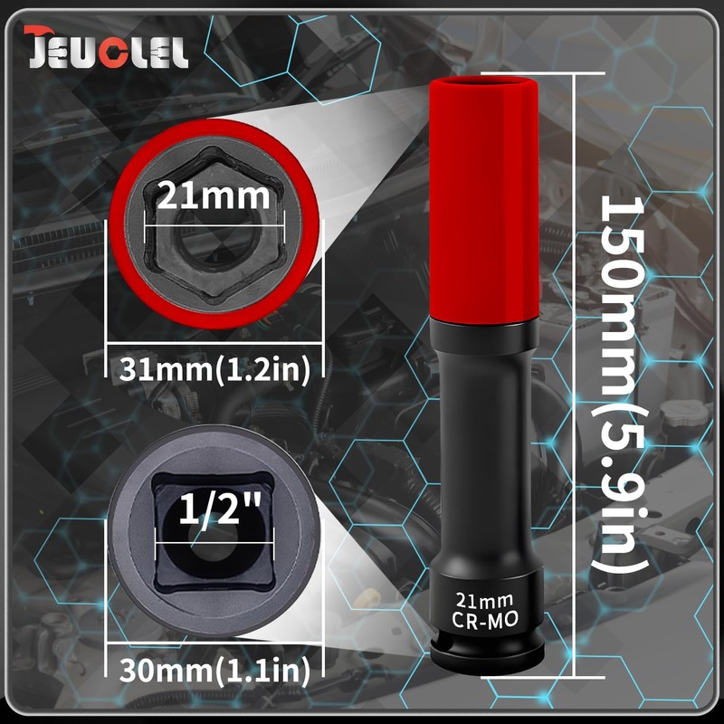 JEUCLEL 21mm 1/2"Extra-long Thin Wall Wheel Protector Impact Deep Socket,