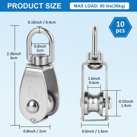 Aramanara 10 Pcs M15 Single Pulley Block, 304 Stainless Steel Pulley Wheel, Swivel Lifting Wire Rope Hanging Wire Towing Wheel with 10Pcs Spring Snap Hook for Home Washing Line Gym