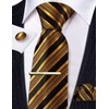 Barry.Wang Men Tie Gold Black Stripes Silk Ties Pocket Sqaure