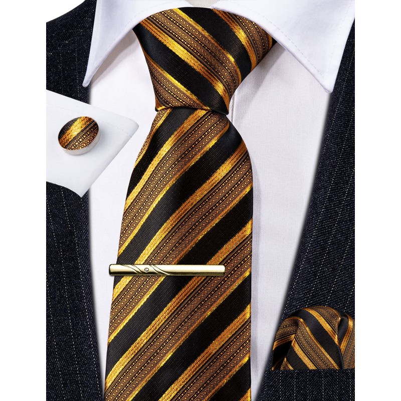 Barry.Wang Men Tie Gold Black Stripes Silk Ties Pocket Sqaure