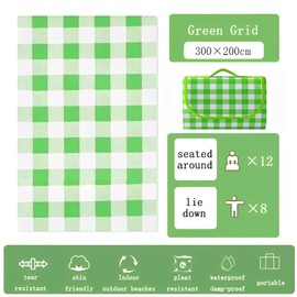 TFSZE Picnic Blanket, 300 x 200 cm, Foldable Stripes, Waterproof, Portable Extra Large Beach Blanket, Camping Blanket, Sandproof Insulated with Carry Handle, Perfect for Picnic, Outdoor, Camping, Beach, Park (Green)