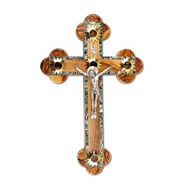 Holy Land Market Mother of Pearl Olive Wood Cross - 14 Stations Crucifix with Holy Essences, 10.5 in
