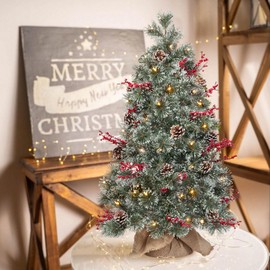 Mini Tabletop Christmas Tree with Lights, Small Pre-lit Decorated Christmas Trees 3ft Battery Operated with 50 LED,Burlap Bag Base,Red Berries Little Christmas Tree for Table Room Porch Decor