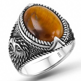 Natural Tiger Eye Stone Solid 925 Sterling Silver Ring for Men with Eagle on Side (13)