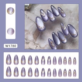 French Tip Press on Nails Medium Almond False Nails Full Cover Purple Simple Style Design Fake Nails Glossy Stick on Nail Artificial ons Nail for Women Daily Salon Nail Art Decoration