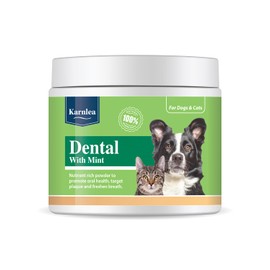 KARNLEA Dental with Mint Plaque Off for Dogs & Cats | 100% Natural Dental Powder to Gently Remove Tartar & Plaque and Prevent Bad Breath | Seaweed & Peppermint Blend | Skin & Coat Boost (200g)