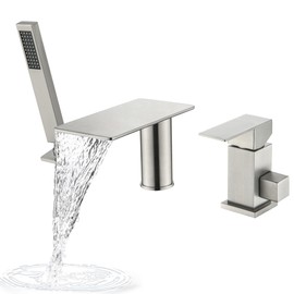 GUOYINDONG Waterfall Roman Tub Faucet with Sprayer, Deck Mount Tub Faucet Single Handle 3 hole Roman Tub Faucet High Flow Bathtub Faucet Set, Brushed Nickel