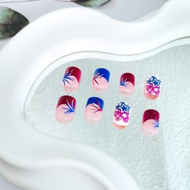 4th of July Press on Nails French Tip Fake Nails Short Square Acrylic False Nail with Designs Stars Fireworks Glue on Nails Reusable Artificial Nails for Women Girls 24Pcs