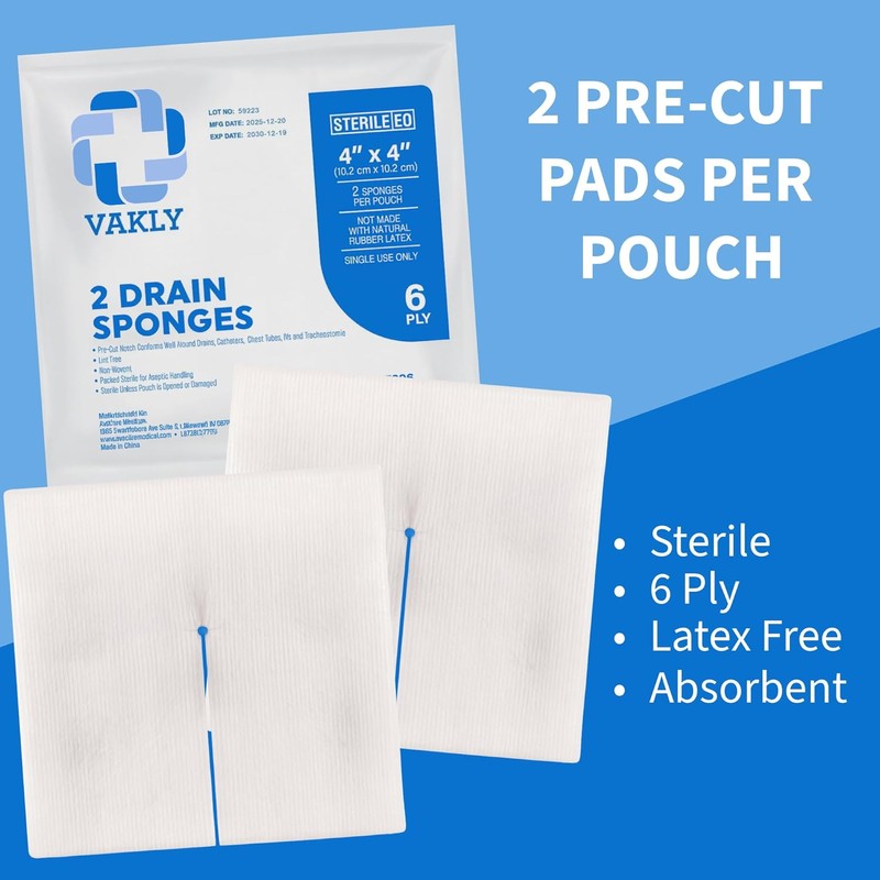 Vakly Split Drain Sponge Gauze 4x4 Sterile 6-Ply – 50