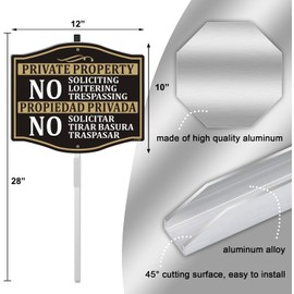 Private Property No Soliciting Loitering Trespassing Sign English Spanish Propiedad Privada No Solicitar Tirar Basura Traspasar 12" x 10" With 28" Long Metal Stake With Stand Outdoor Yard Business