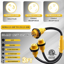 NEMA L5-30P to (2) L5-30R 30 Amp Y Splitter Shore Power Adapter, 30A Male Plug x (2) 30A Female Receptacle with Locking Rings & Collar, 125V Heavy Duty 10AWG*3 for Marine Boat RV Camping(ETL Listed)