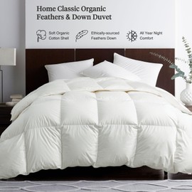 Ltinhome Feathers & Down Comforter, Organic Duvet Insert, 100% Cotton Shell, Ethically-sourced Feathers and Down Filler, All Season Warm, California King Size, White