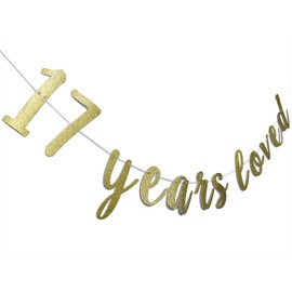 17 Years Loved Banner Sign Gold Glitter for 17th Birthday Party Decorations Anniversary Decor Pre-assembled Bunting Photo Booth Props