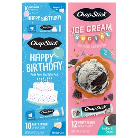 ChapStick Party Favors, Happy Birthday 10-Pack + Ice Cream Social Lip Balm 12-Pack (22 Sticks) – Sweet & Fun Gifts for Teens & Adults, 0.15 Oz Ea