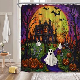 ZKJSMGS Halloween Shower Curtain,Spooky Ghost Gothic Castle Pumpkin Haunted House Festival Scary Purple Orange Bathroom Home Curtain Decor with Hooks,70x70 Inch