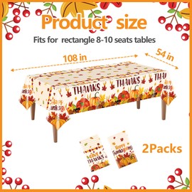 EUVBOKW 2 Pack Thanksgiving Tablecloths Plastic,54x108 Inch Disposable Fall Table Covers,Pumpkin Maple Leaf Tablecloths for Thanksgiving Decorations Table Cloth for Home Party Picnic