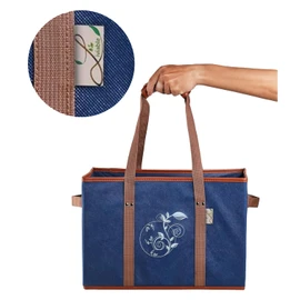 Liviable Reusable Grocery Shopping Bags, Foldable, Heavy Duty Tote, Box Bags with Long Handles and Solid Bottom, Large - Set of 3, Navy Blue