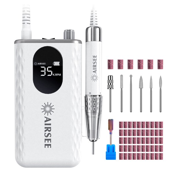 AIRSEE 35000 RPM Professional Electric Rechargeable Nail Drill File Machine for Acrylic Extension Gel Dip Powder Powerful Cordless Portable Efile 56 Sanding Bands 7 Bits LCD Scrn Salon Manicure Use