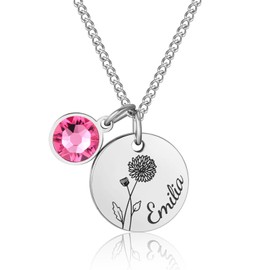 Personalisierte Geburtsblume Halskette Damen mit Geburtsstein & Gravur – Namenskette Damen Edelstahl Silber Rosegold– Kette mit Buchstaben Namen Anhänger – Geschenk Mutter Tochter Freundin