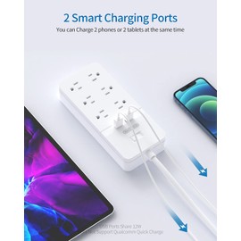 NTONPOWER 2 Prong Power Strip with 10ft Extension Cord, NTONPOWER Flat Plug Surge Protector with 6 Outlets 2 USB Ports, 2 Prong to 3 Prong Outlet Adapter, Wall Mount for Non-Grounded Plug, Ideal for Old House