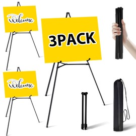 PUJIANG 3 Pack Easel Stand for Sign - 63 Inches Display Easel for Wedding Sign & Poster - Lightweight Portable Floor Easel for Picture - Adjustable Poster Easel with Carrying Case, Black