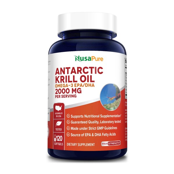 NusaPure Antarctic Krill Oil 2000 mg 120 Softgels, Omega-3 EPA 360mg, DHA 240mg, Astaxanthin Supplement Sourced from Krill 800ppm