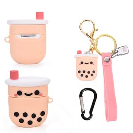 AirPods Case Cover,Boba Milk Tea Cup Design,Cute 3D Funny Soft Silicone Pink Cover Case with Cute Keychain Shockproof Protective AirPods 1&2 Charging Case for Girls Women