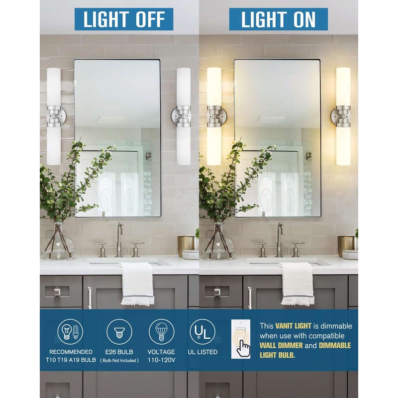 Emak Modern Brushed Nickel Bathroom Light Fixtures, 2-Light Vanity Lights
