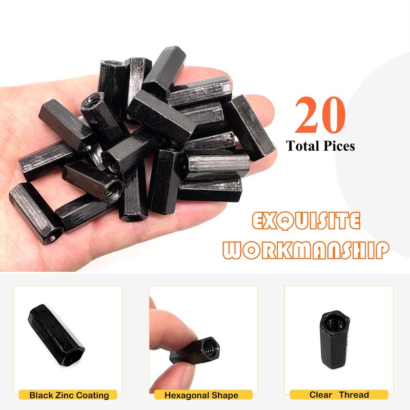 Matrelt 20Pcs Black 1/4"-20 Hex Coupling Nut, Threaded Rods Nuts