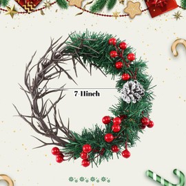 Suncalla 11" Jesus Crown of Thorns Small Christmas Wreath for Front Door, Jesus is The Reason of The Season Artificial Pine Needles Wreath with Berry Pinecone for Wall Window Fireplace Ornament Decor