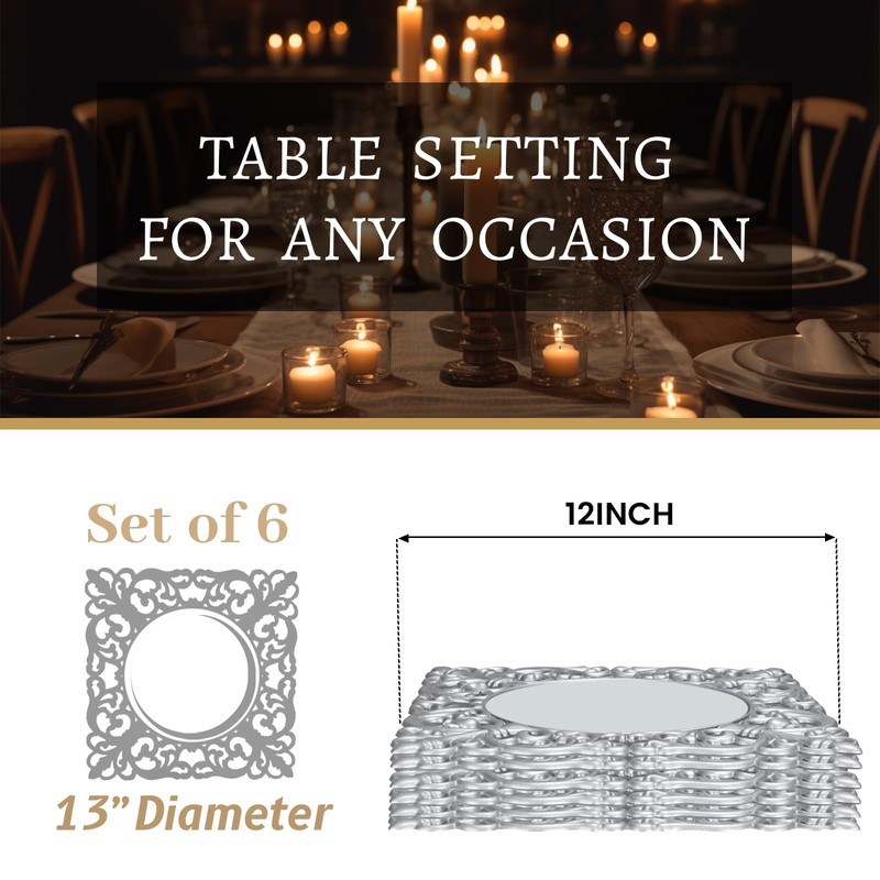MAONAME 12" Silver Charger Plates Set of 6, Mirror Charger